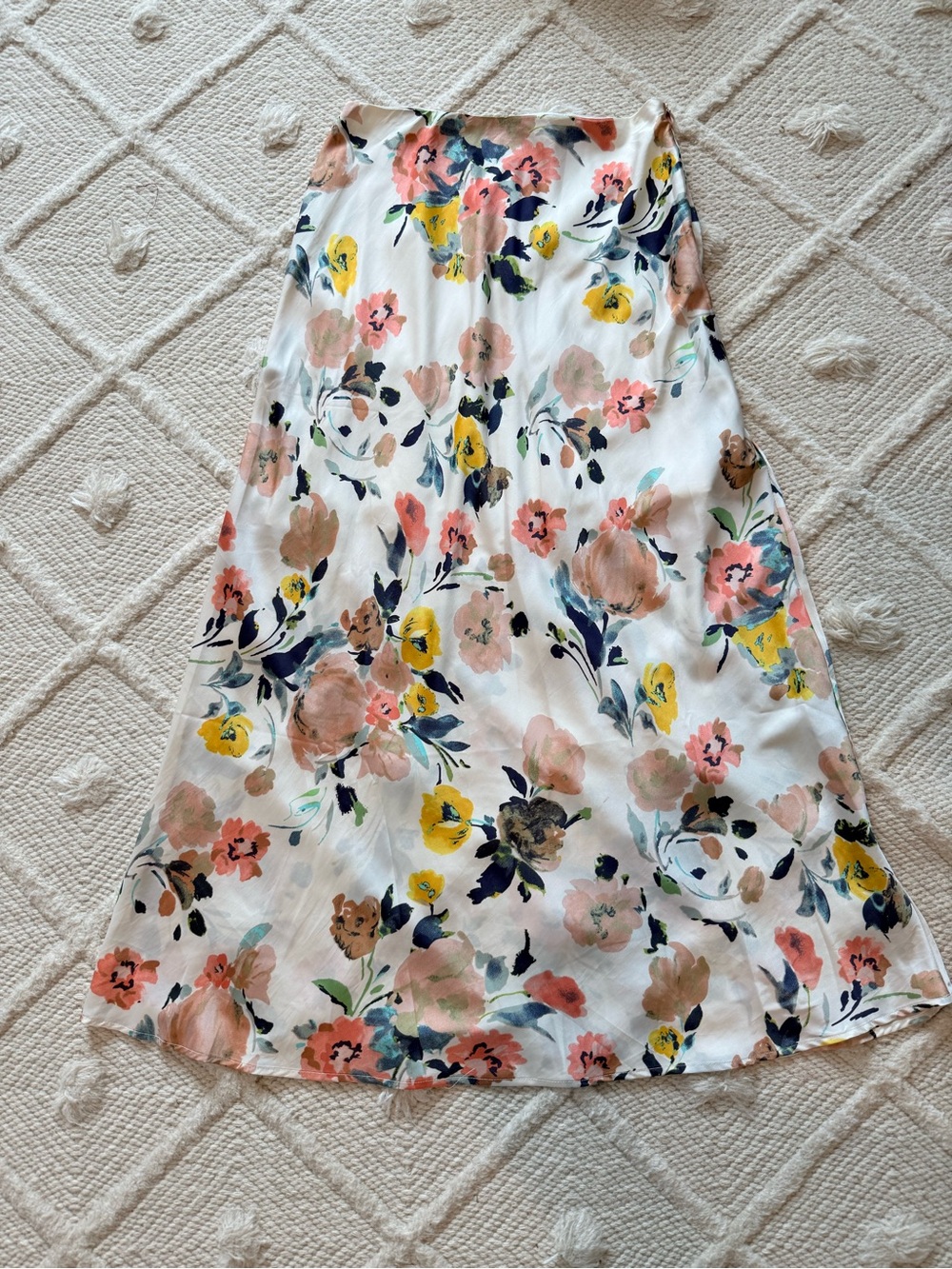 Vici White A-Line Midi Skirt with Pink, Yellow & Navy Floral Print